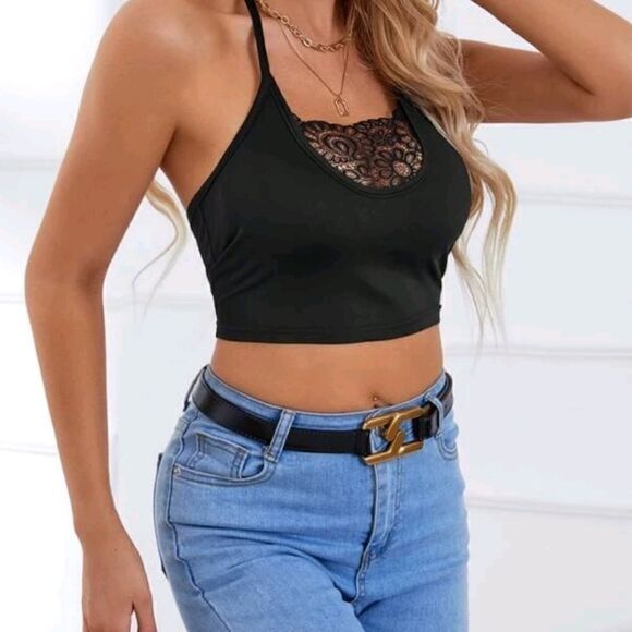 Black Contrast Lace Halter Top S(4) - Picture 4 of 6